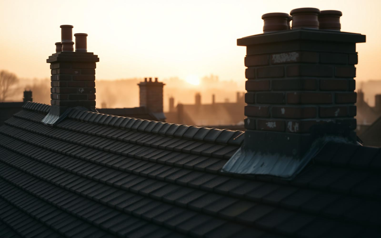 Norfolk rooftops with chimney pots at golden hour